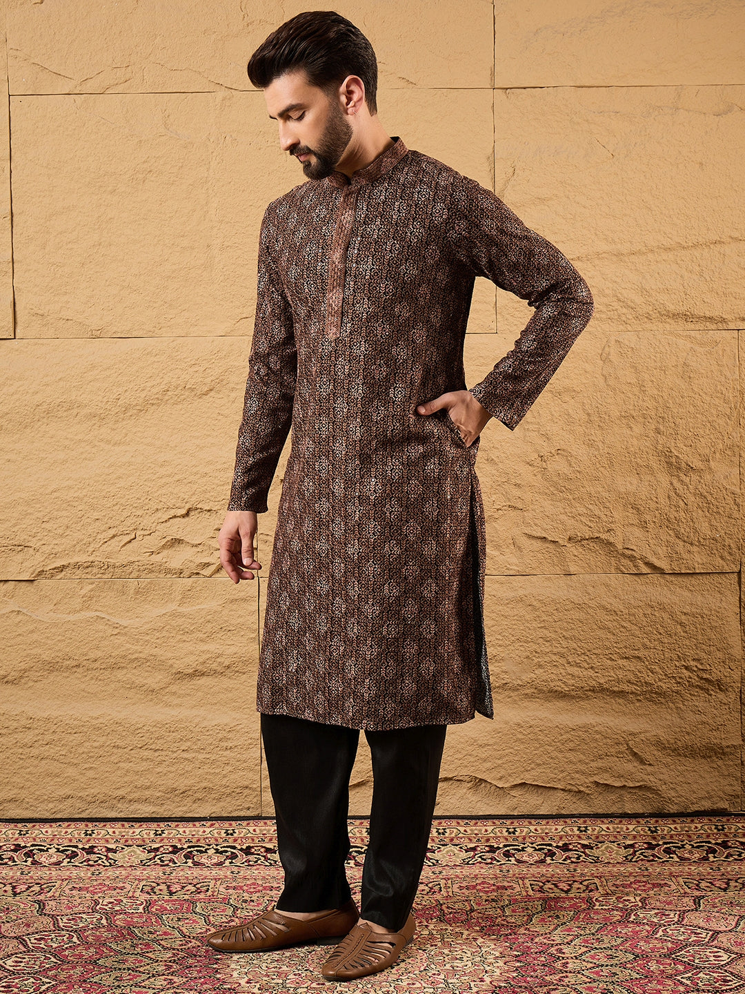 Men Black Viscose Rayon Embroidered Chikankari Straight Kurta-MKU1164