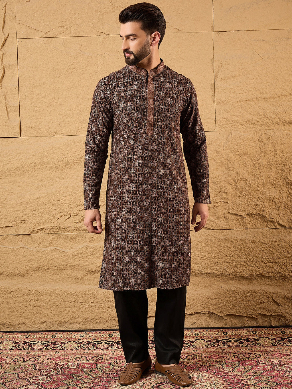 Men Black Viscose Rayon Embroidered Chikankari Straight Kurta-MKU1164
