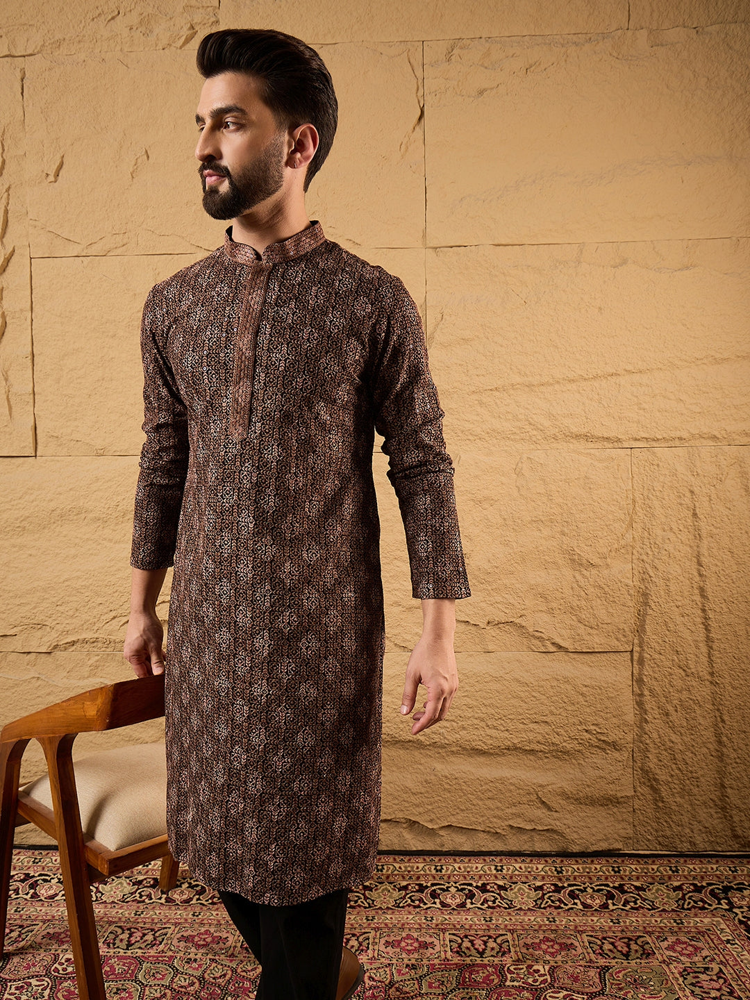 Men Black Viscose Rayon Embroidered Chikankari Straight Kurta-MKU1164