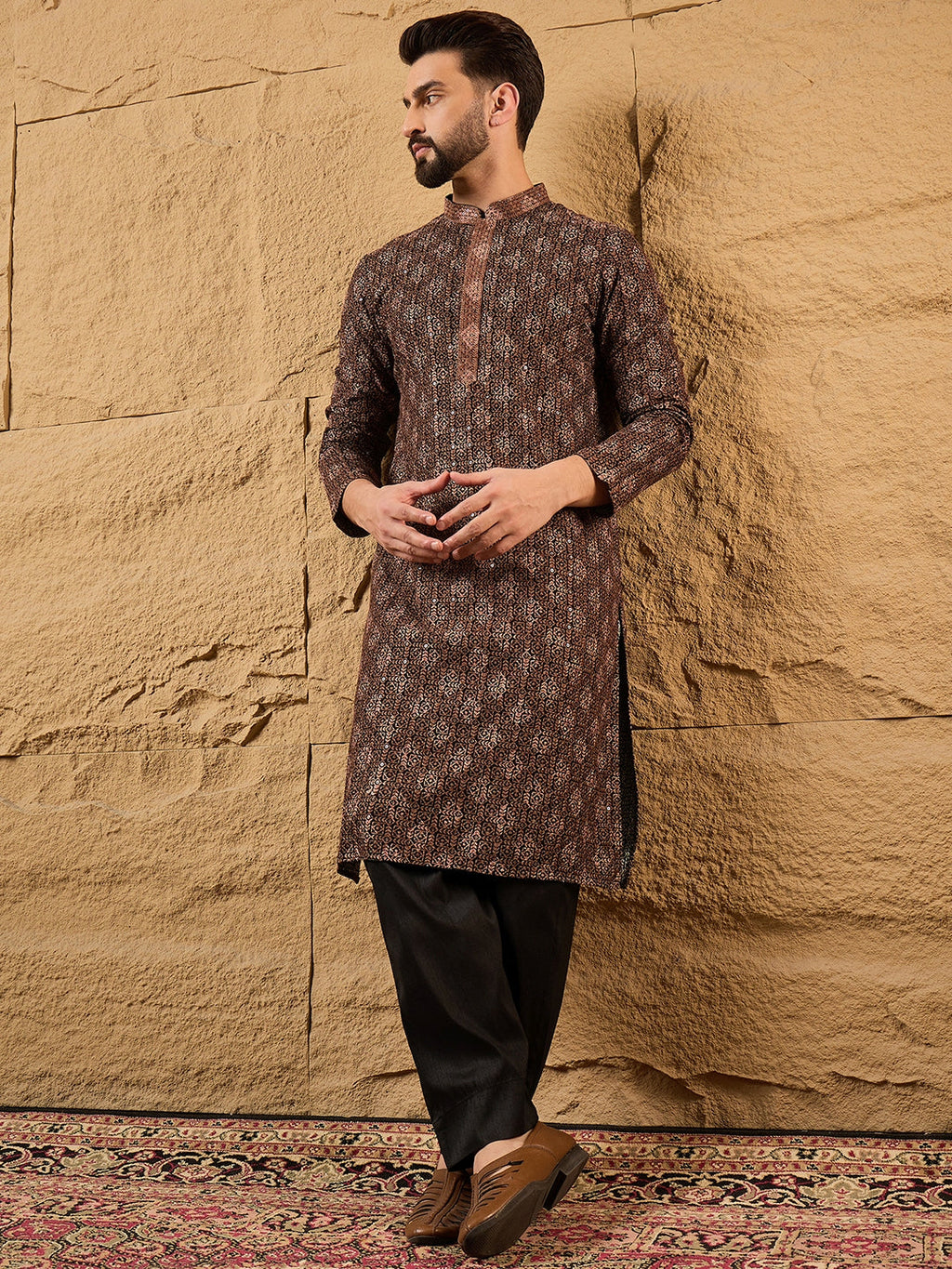 Men Black Viscose Rayon Embroidered Chikankari Straight Kurta-MKU1164