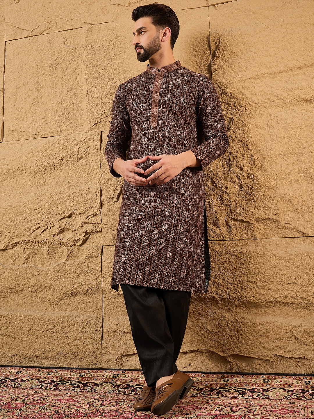 Men Black Viscose Rayon Embroidered Chikankari Straight Kurta-MKU1164