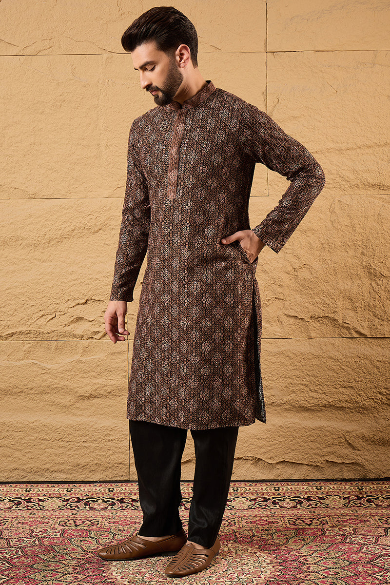 Brown Viscose Rayon Ethnic Motifs Embroidered Chikankari Straight Kurta HOPMKU1164