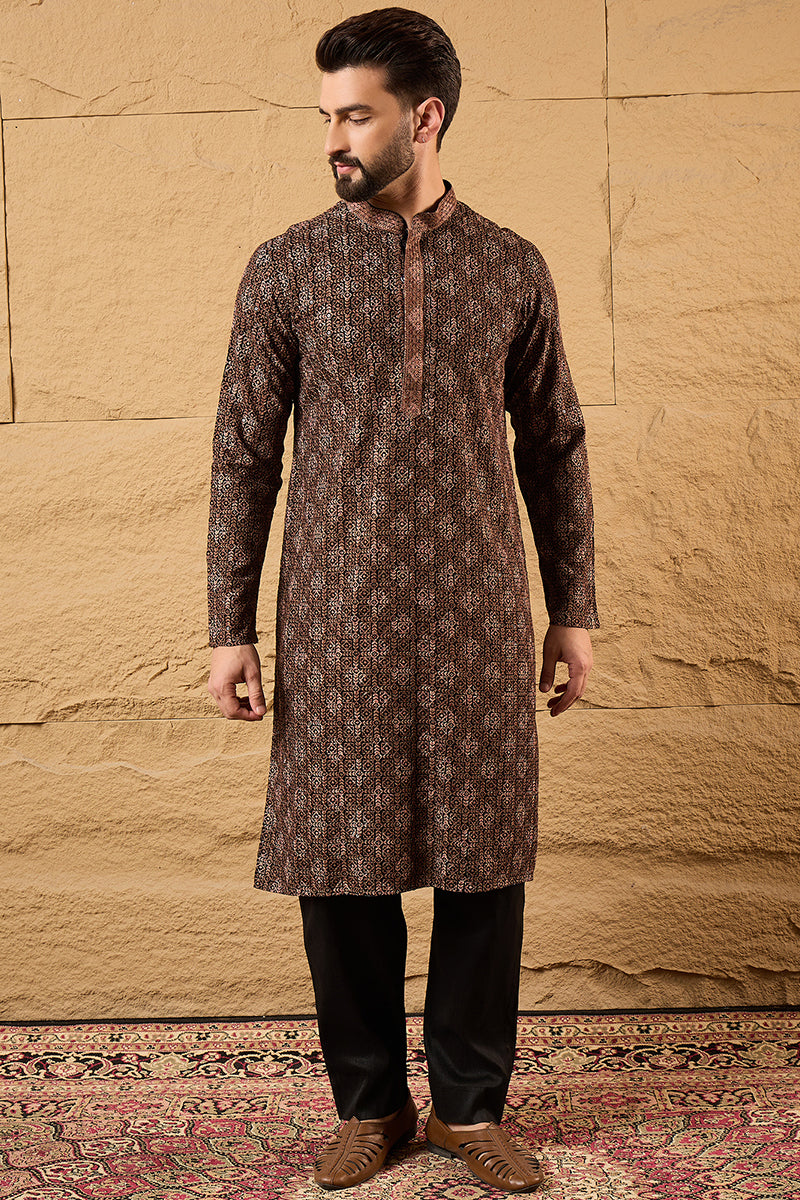 Brown Viscose Rayon Ethnic Motifs Embroidered Chikankari Straight Kurta HOPMKU1164