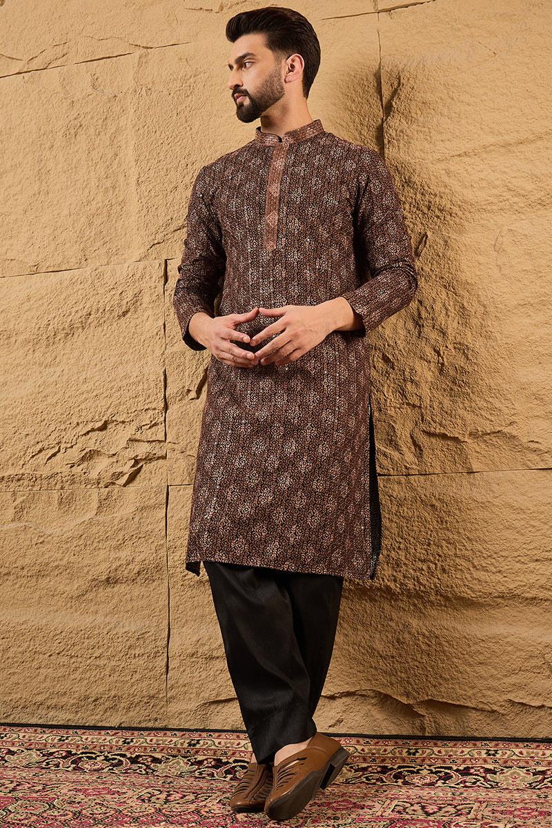Brown Viscose Rayon Ethnic Motifs Embroidered Chikankari Straight Kurta HOPMKU1164