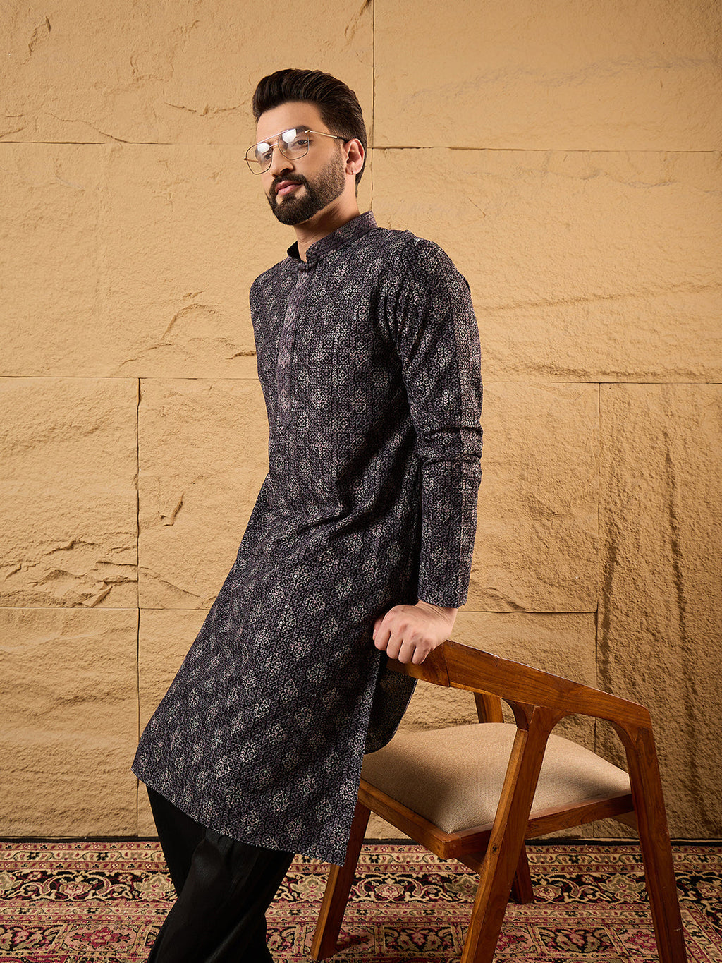 Men Black Viscose Rayon Ethnic Motifs Embroidered Straight Kurta-MKU1165