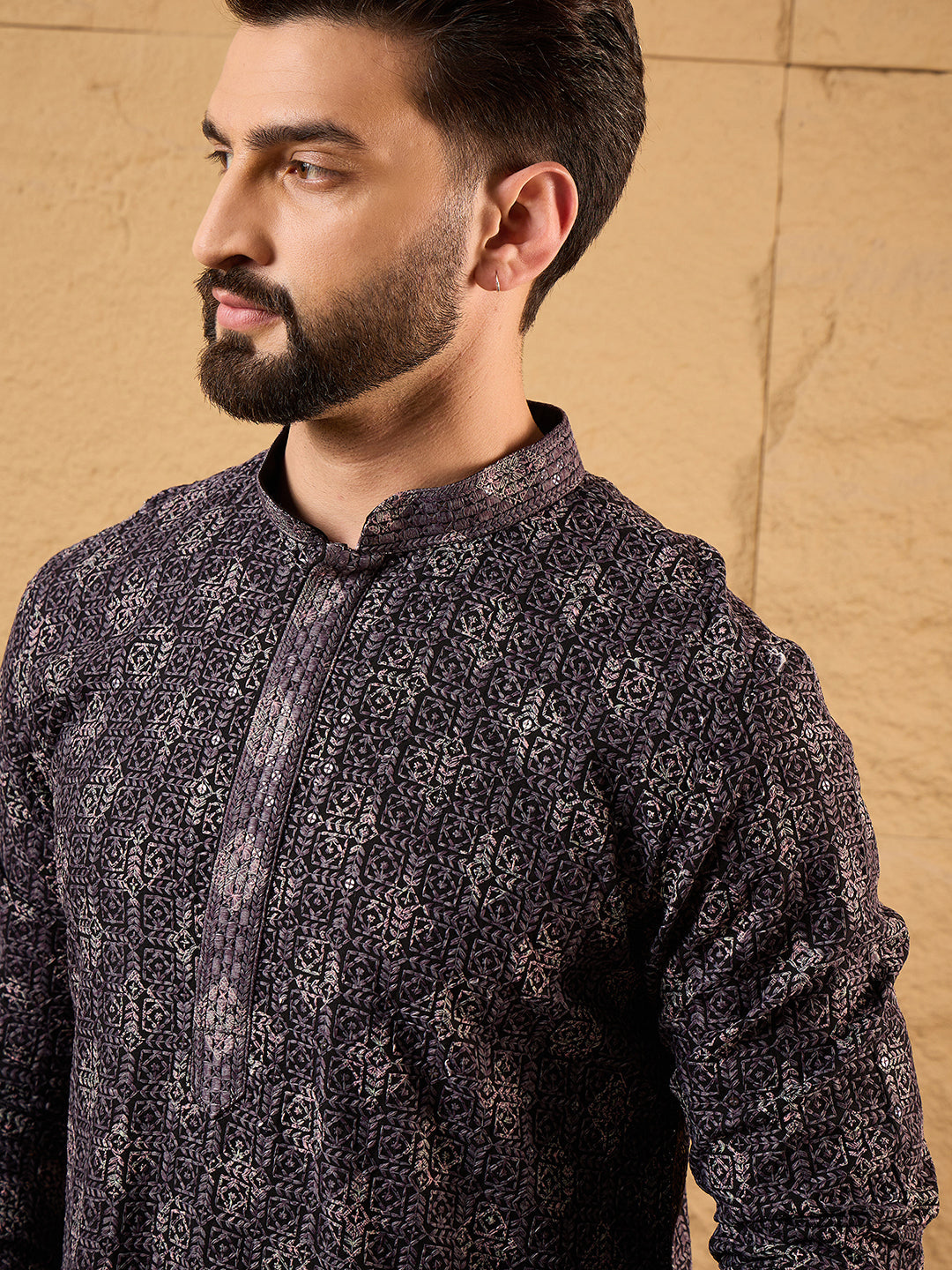 Men Black Viscose Rayon Ethnic Motifs Embroidered Straight Kurta-MKU1165