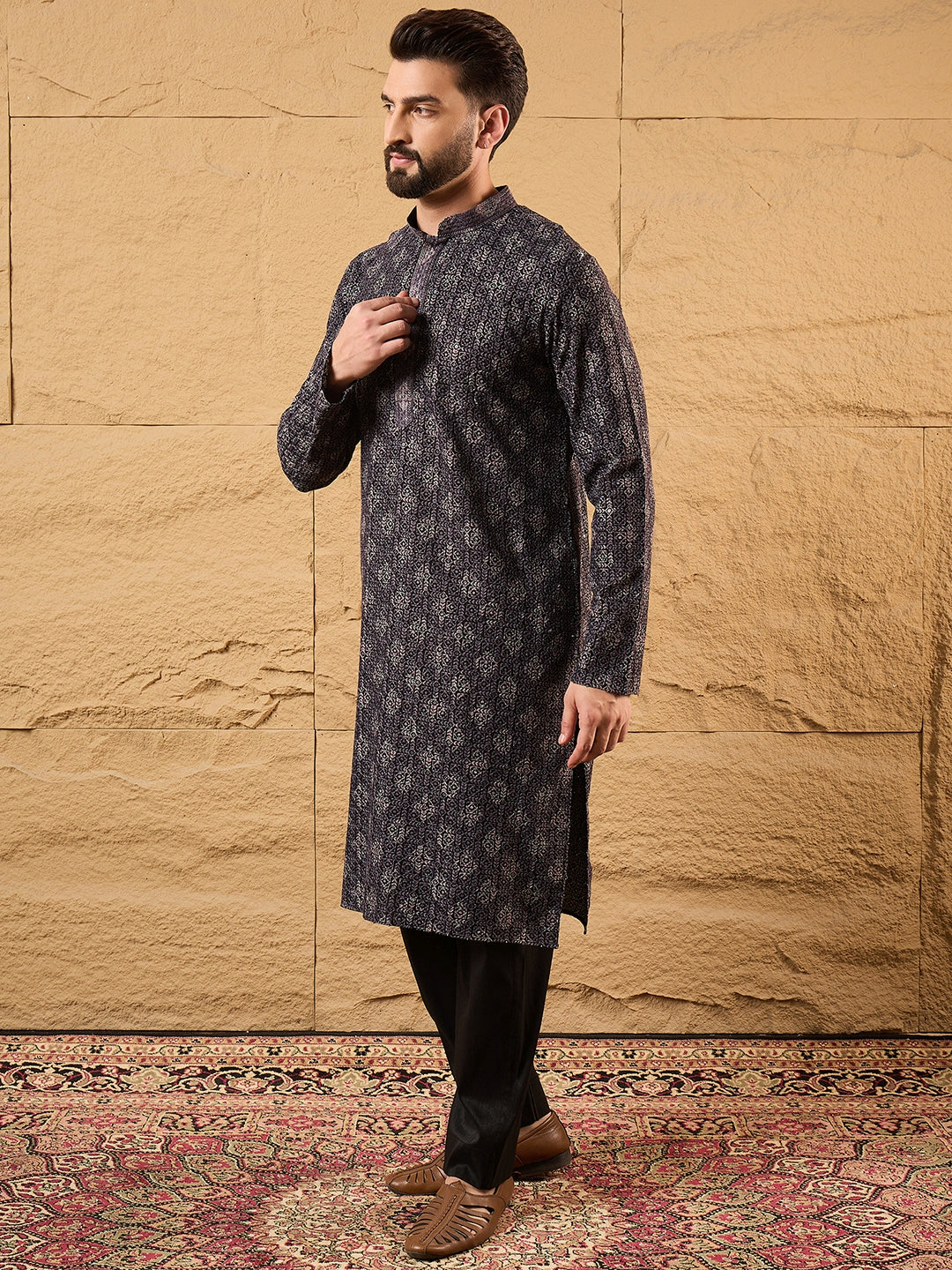 Men Black Viscose Rayon Ethnic Motifs Embroidered Straight Kurta-MKU1165