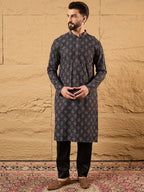 Men Black Viscose Rayon Ethnic Motifs Embroidered Straight Kurta-MKU1165