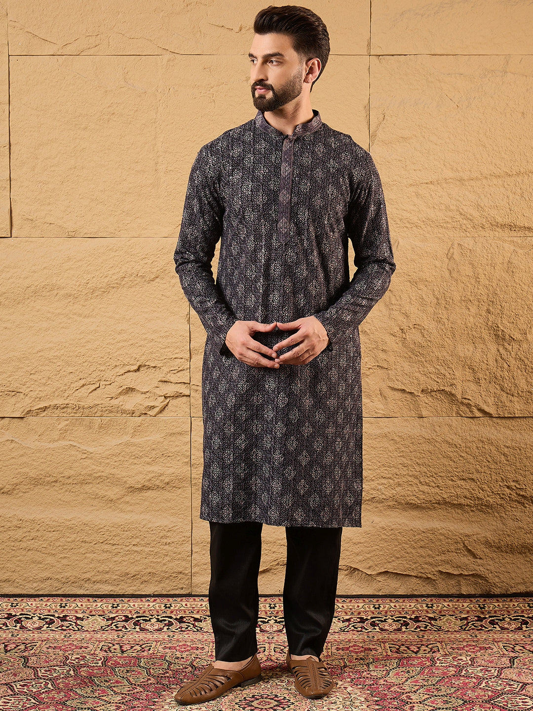 Men Black Viscose Rayon Ethnic Motifs Embroidered Straight Kurta-MKU1165