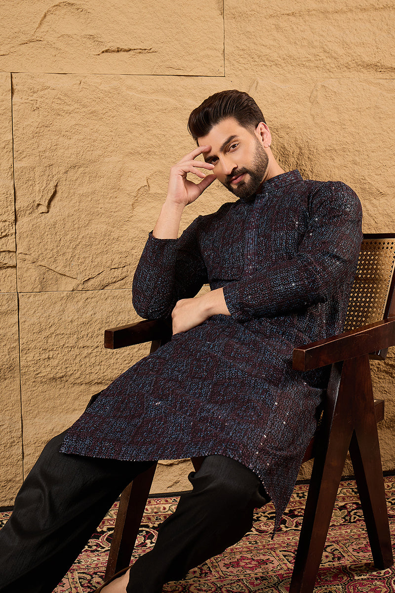 Black Viscose Rayon Geometric Embroidered Chikankari Straight Kurta HOPMKU1166