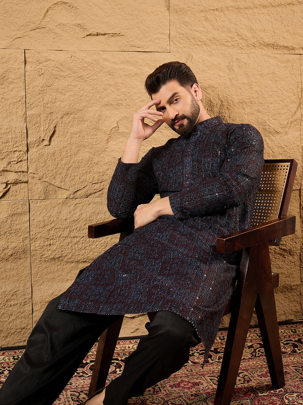 Men Brown Viscose Rayon Embroidered Chikankari Straight Kurta-MKU1166