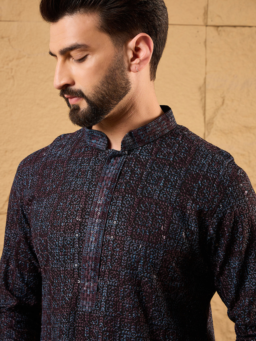 Men Brown Viscose Rayon Embroidered Chikankari Straight Kurta-MKU1166