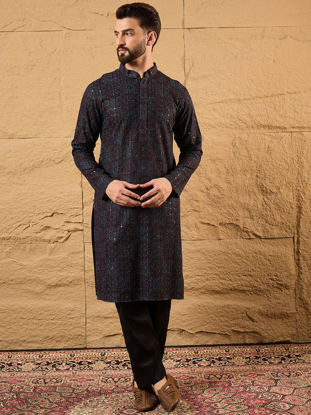 Men Brown Viscose Rayon Embroidered Chikankari Straight Kurta-MKU1166