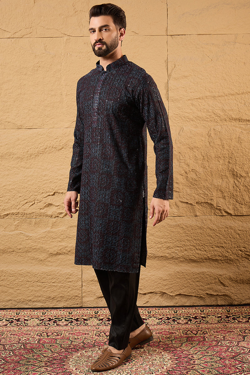 Black Viscose Rayon Geometric Embroidered Chikankari Straight Kurta HOPMKU1166