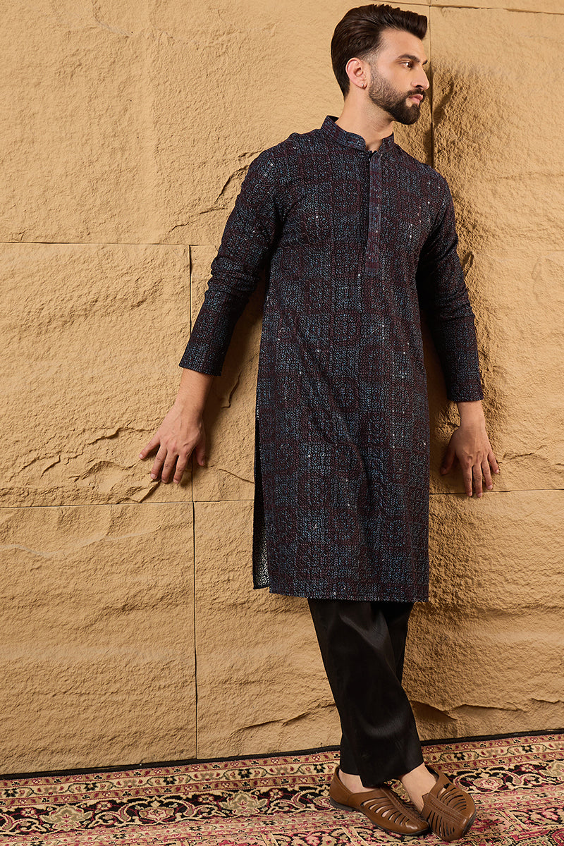 Black Viscose Rayon Geometric Embroidered Chikankari Straight Kurta HOPMKU1166