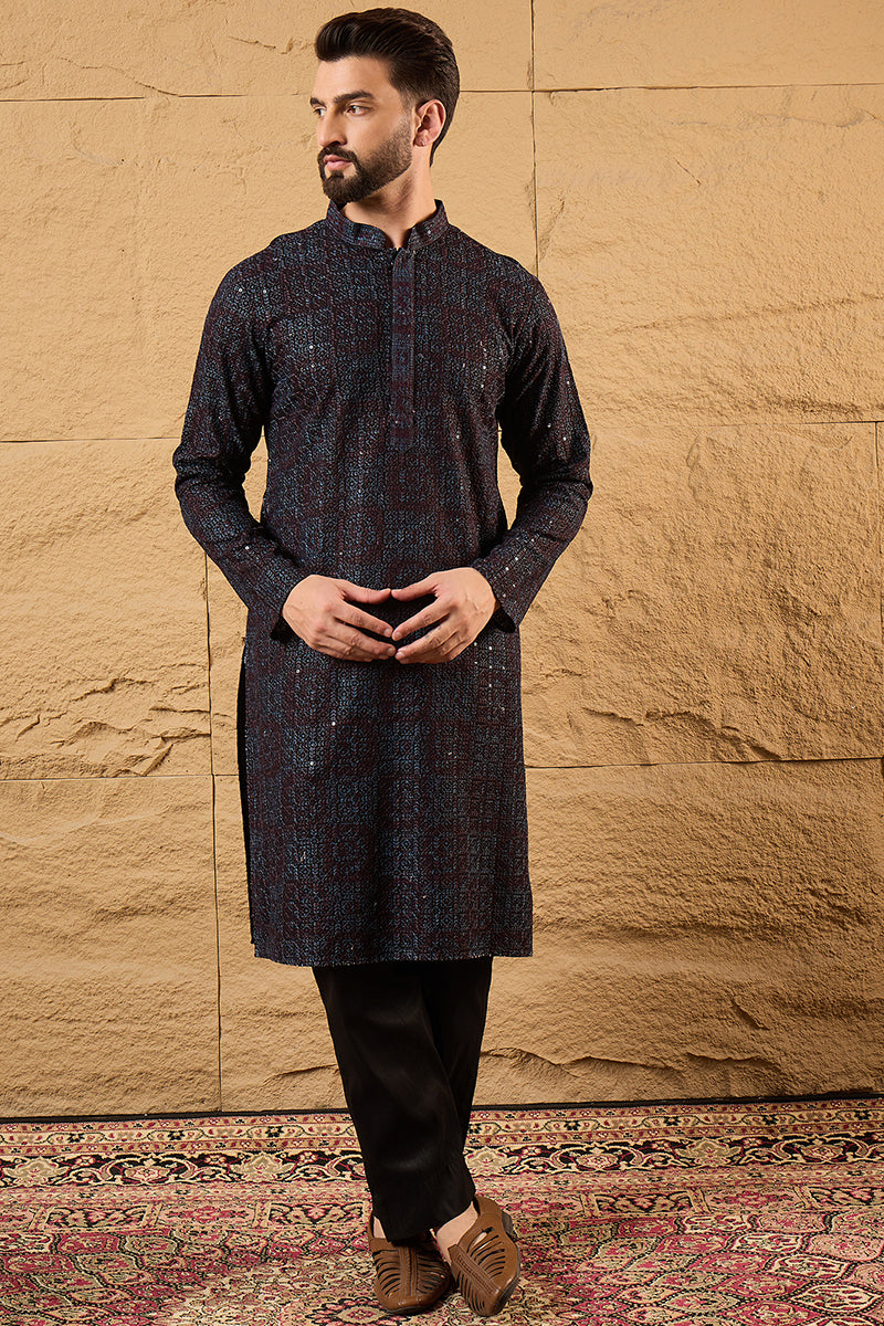 Black Viscose Rayon Geometric Embroidered Chikankari Straight Kurta HOPMKU1166