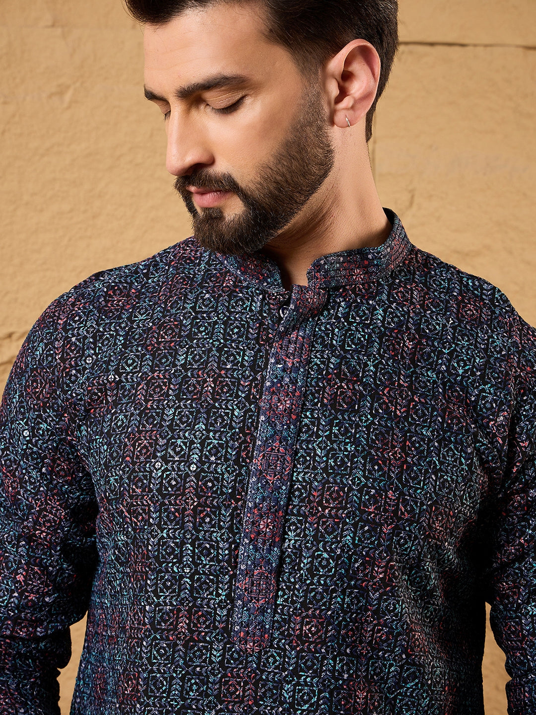 Men Black Viscose Rayon Abstract Embroidered Straight Kurta-MKU1172