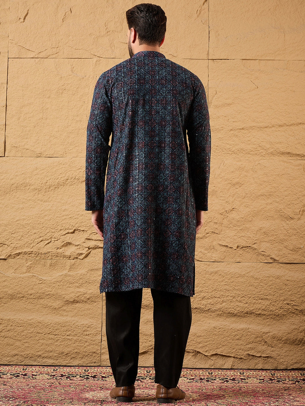 Men Black Viscose Rayon Abstract Embroidered Straight Kurta-MKU1172
