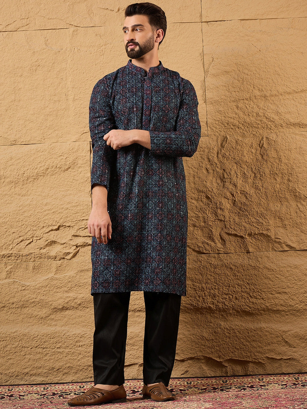 Men Black Viscose Rayon Abstract Embroidered Straight Kurta-MKU1172