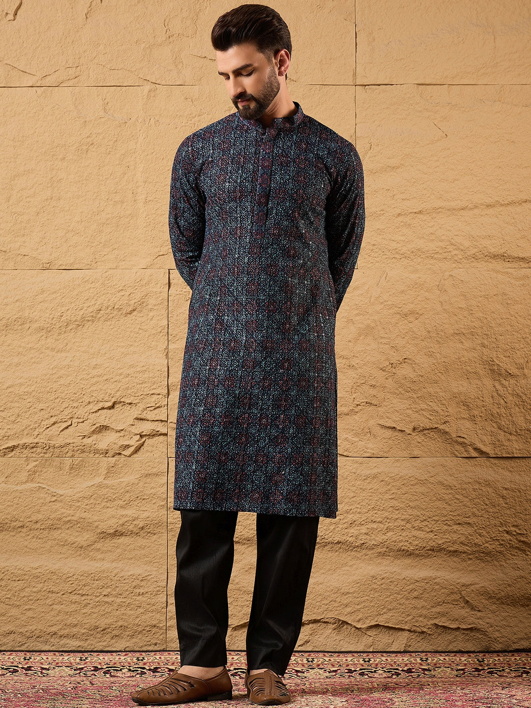 Men Black Viscose Rayon Abstract Embroidered Straight Kurta-MKU1172