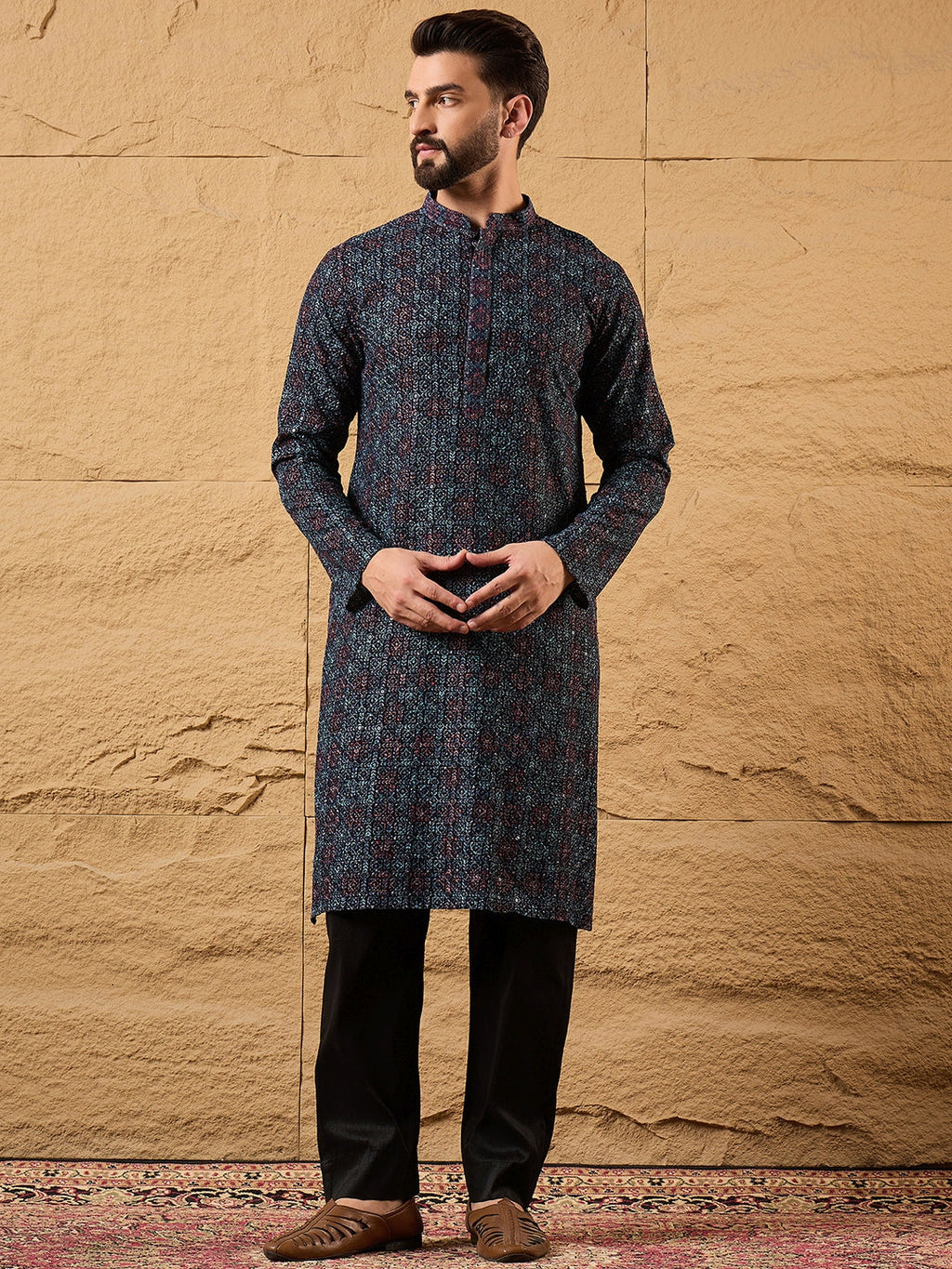 Men Black Viscose Rayon Abstract Embroidered Straight Kurta-MKU1172