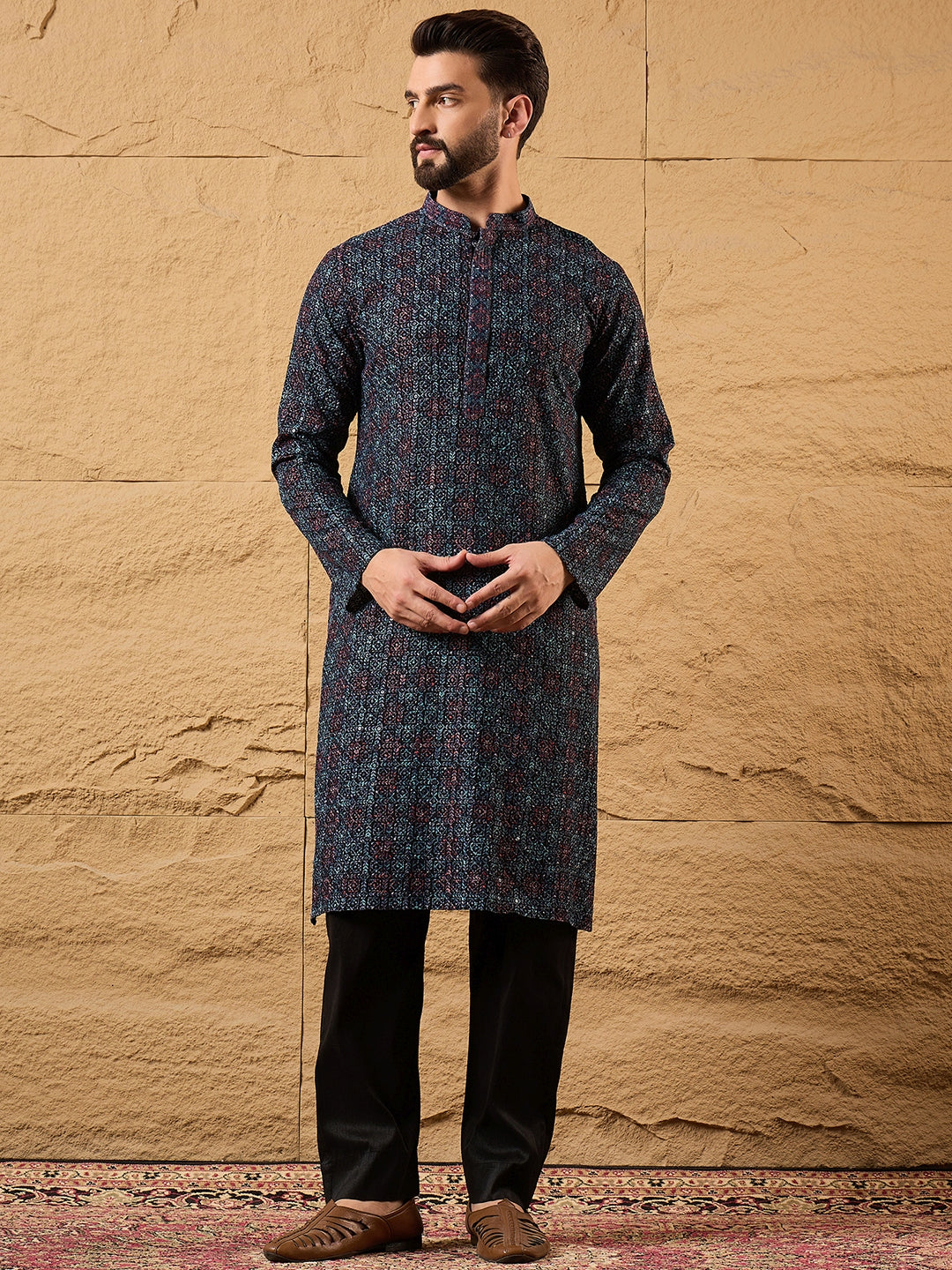 Men Black Viscose Rayon Abstract Embroidered Straight Kurta-MKU1172