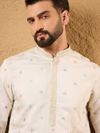 Men Off White Silk Blend Solid Embroidered Straight Kurta-MKU1179