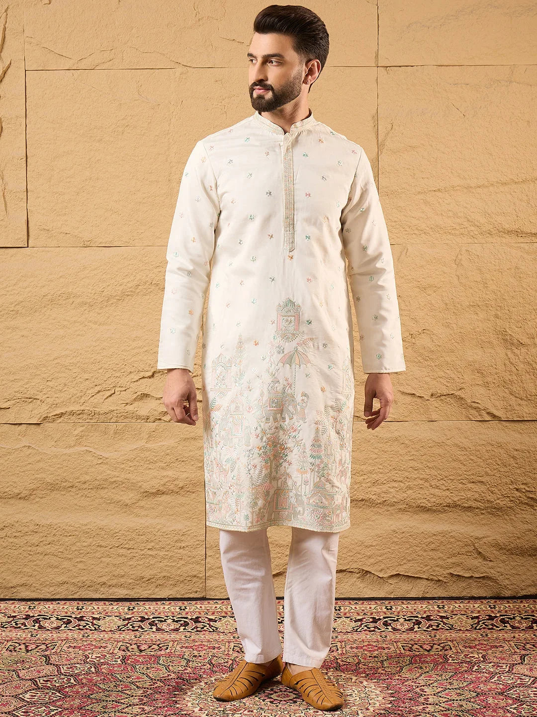 Men Off White Silk Blend Solid Embroidered Straight Kurta-MKU1179