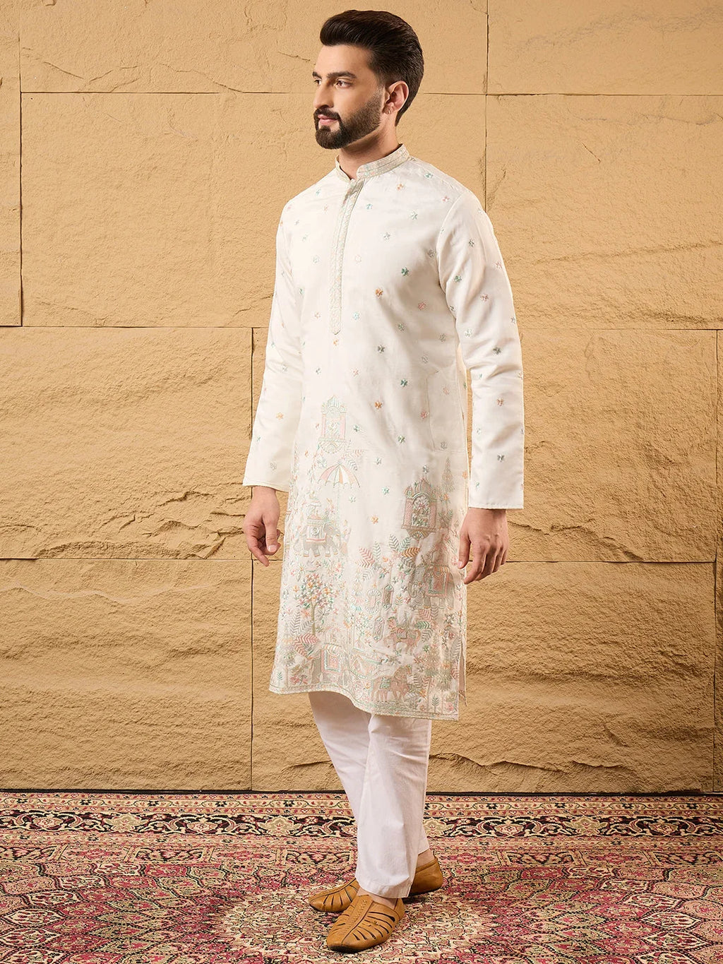 Men Off White Silk Blend Solid Embroidered Straight Kurta-MKU1179