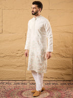 Men Off White Silk Blend Solid Embroidered Straight Kurta-MKU1179