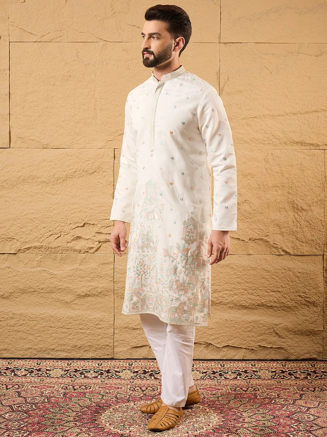 Men Off White Silk Blend Solid Embroidered Straight Kurta-MKU1179
