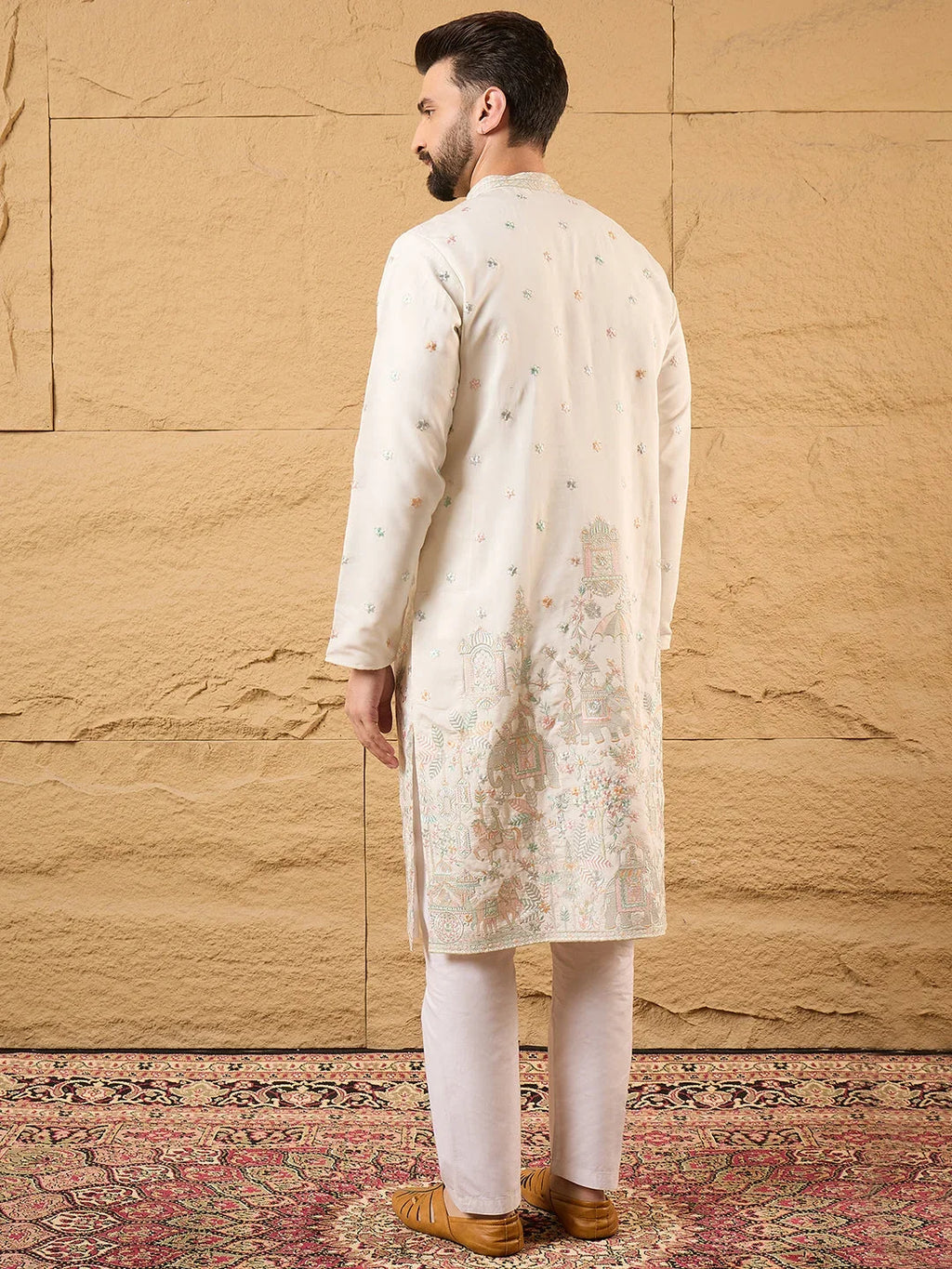 Men Off White Silk Blend Solid Embroidered Straight Kurta-MKU1179