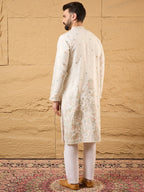 Men Off White Silk Blend Solid Embroidered Straight Kurta-MKU1179