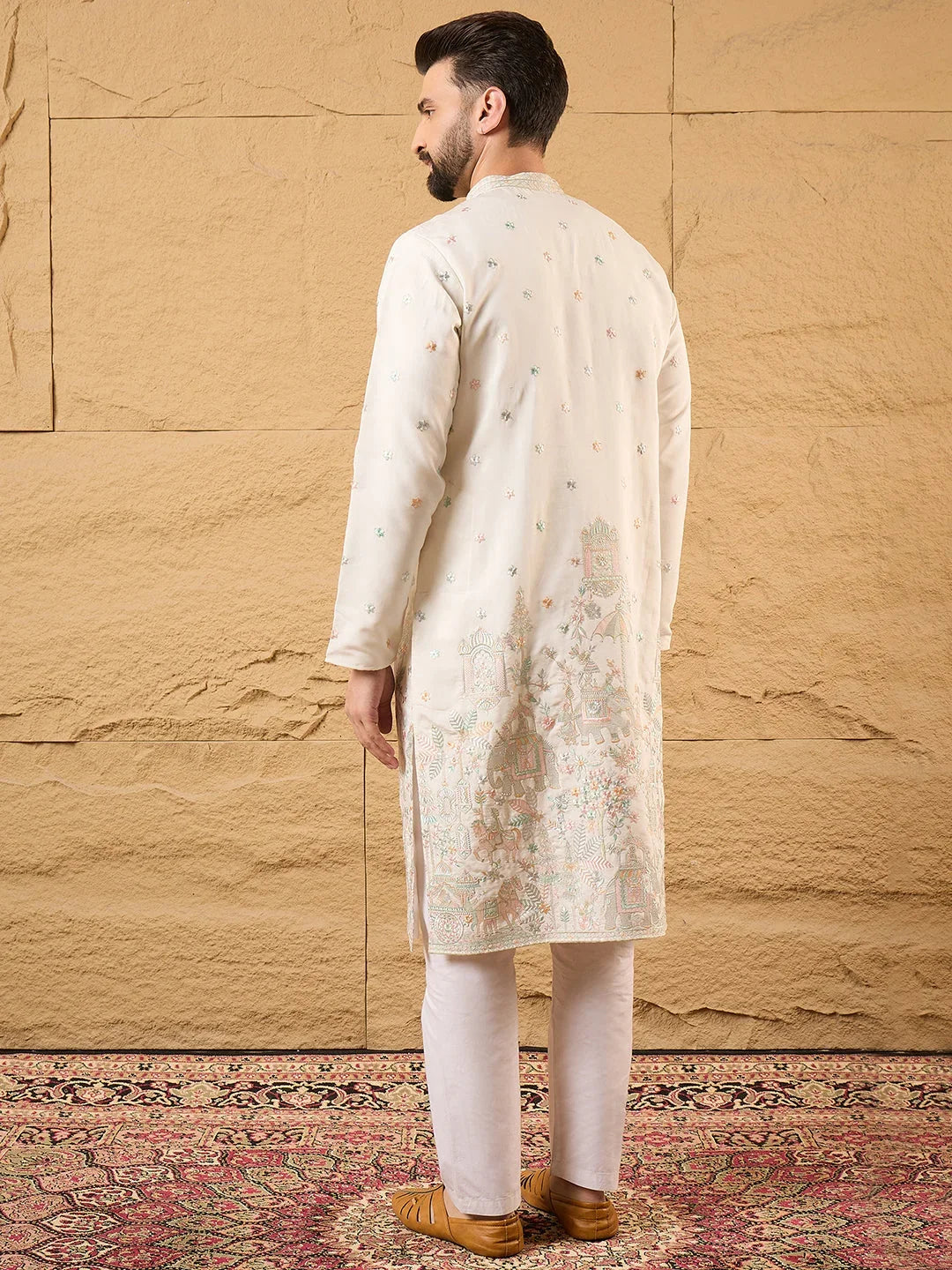Men Off White Silk Blend Solid Embroidered Straight Kurta-MKU1179