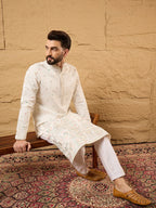 Men Off White Silk Blend Solid Embroidered Straight Kurta-MKU1179