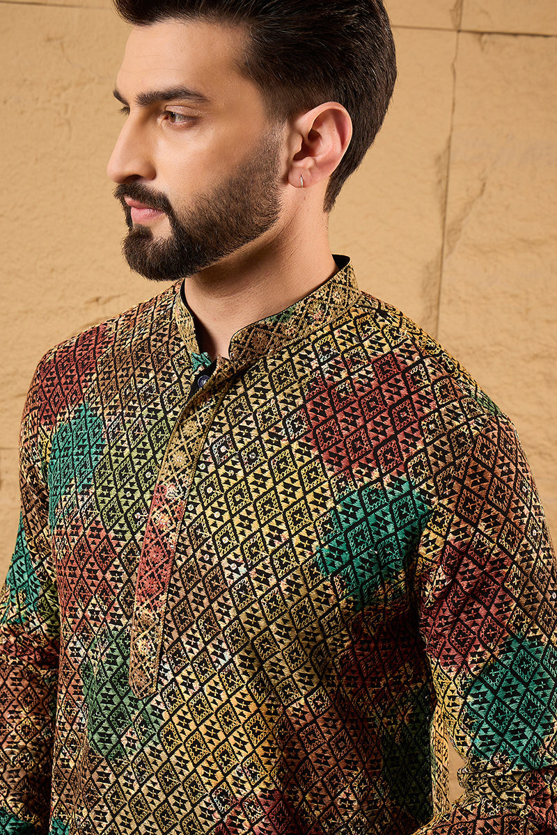 Multi Viscose Rayon Geometric Embroidered Chikankari Straight Kurta HOPMKU1180