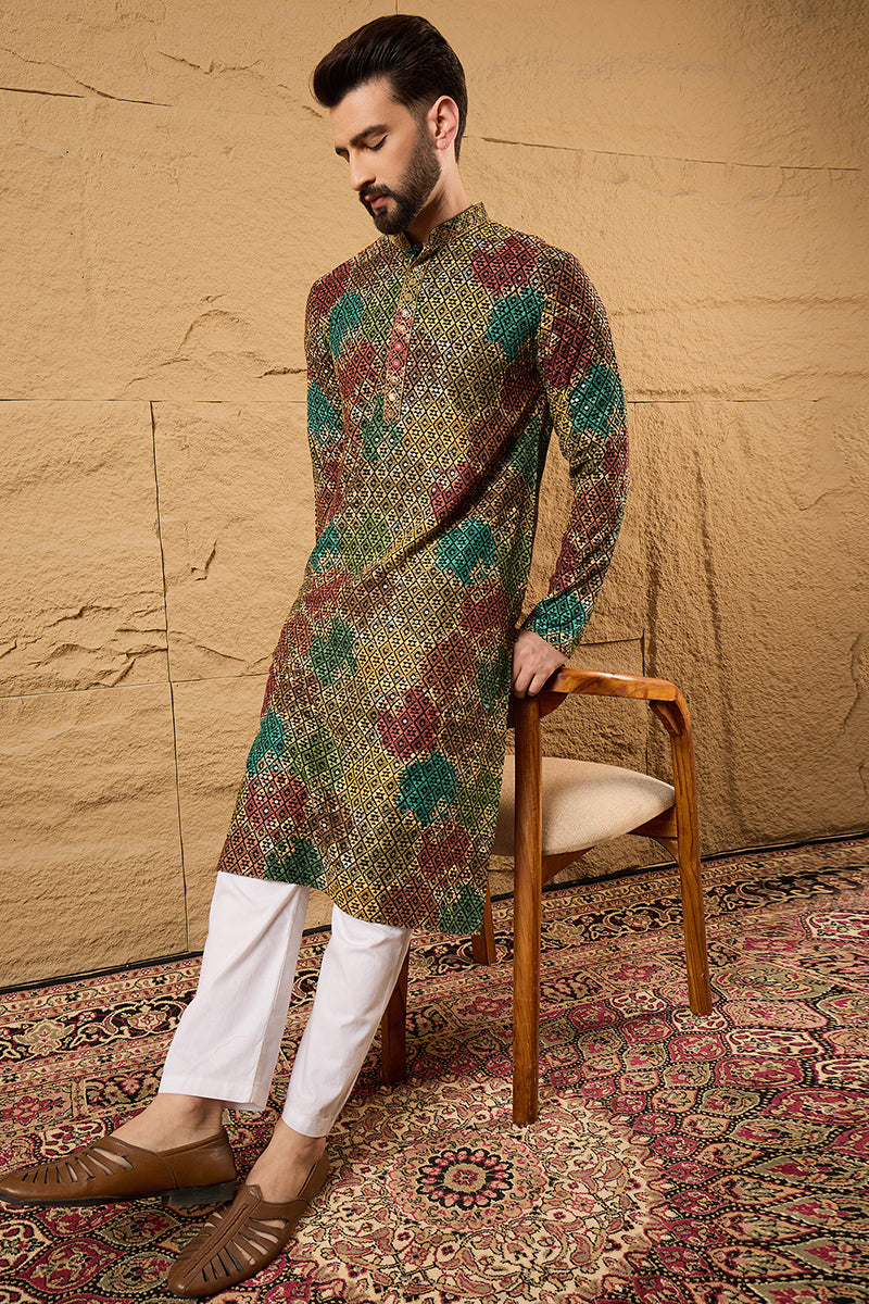 Multi Viscose Rayon Geometric Embroidered Chikankari Straight Kurta HOPMKU1180