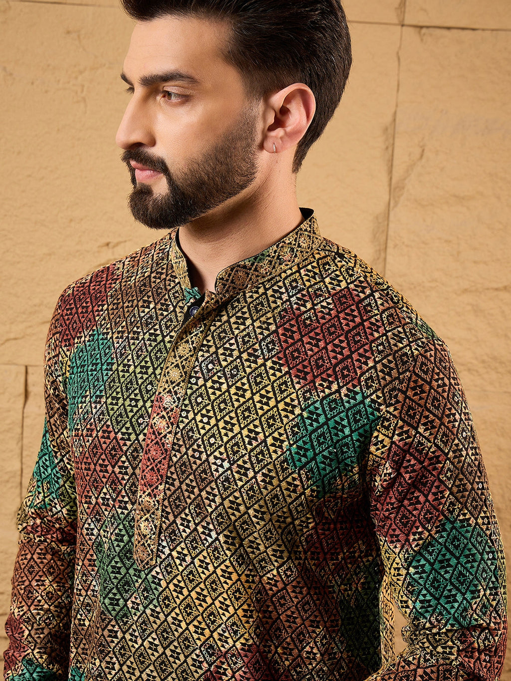 Men Black Viscose Rayon Geometric Embroidered Straight Kurta-MKU1180