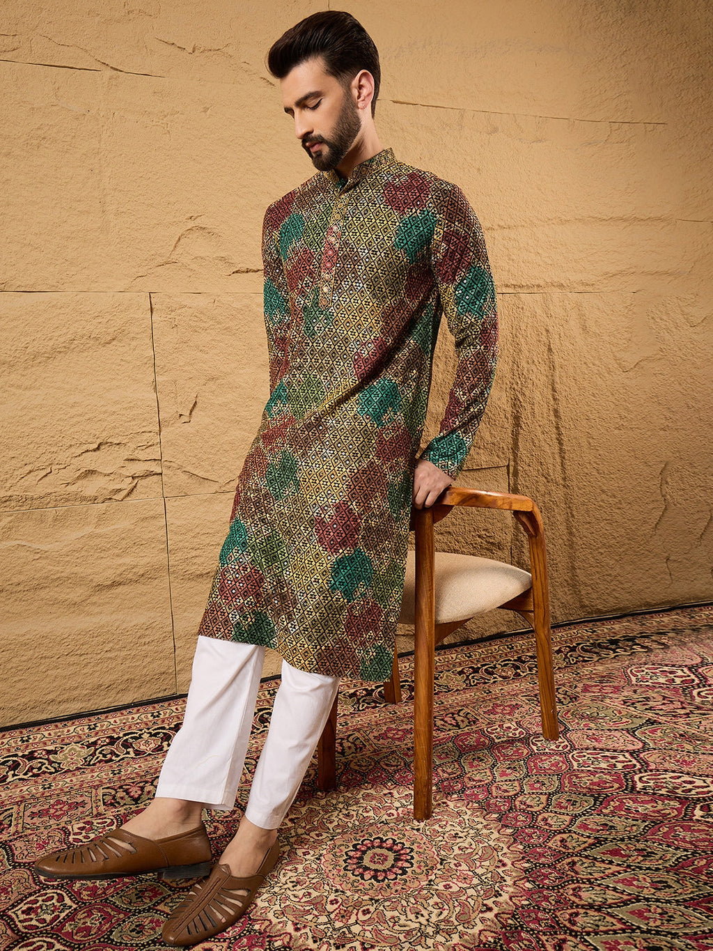 Men Black Viscose Rayon Geometric Embroidered Straight Kurta-MKU1180