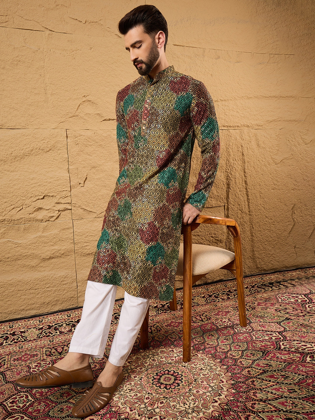 Men Black Viscose Rayon Geometric Embroidered Straight Kurta-MKU1180