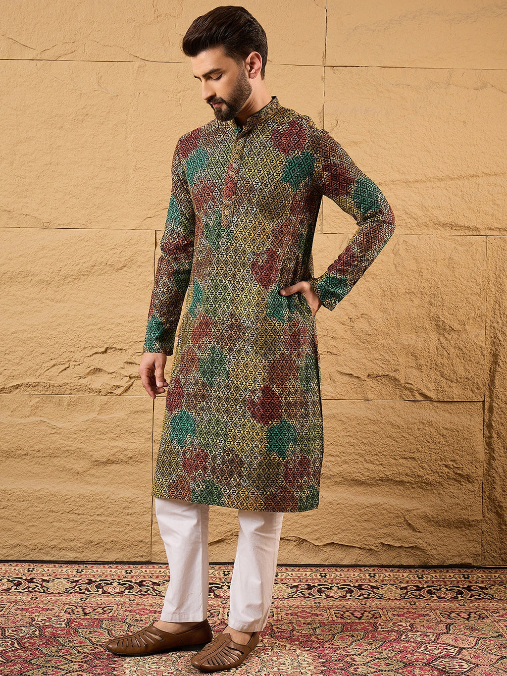Men Black Viscose Rayon Geometric Embroidered Straight Kurta-MKU1180
