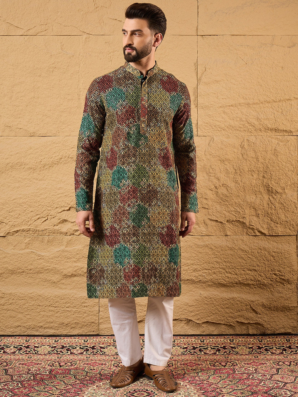 Men Black Viscose Rayon Geometric Embroidered Straight Kurta-MKU1180
