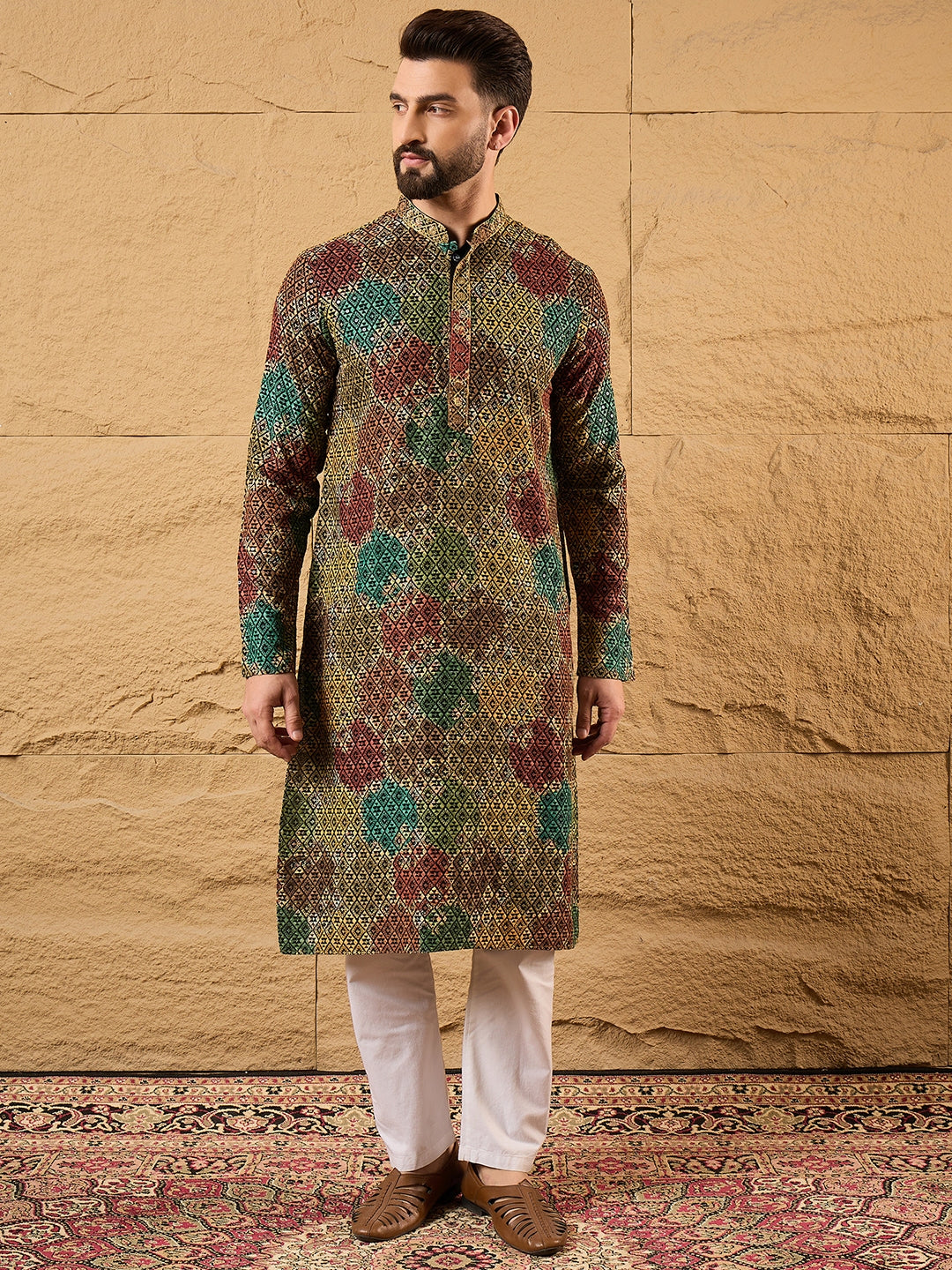 Men Black Viscose Rayon Geometric Embroidered Straight Kurta-MKU1180