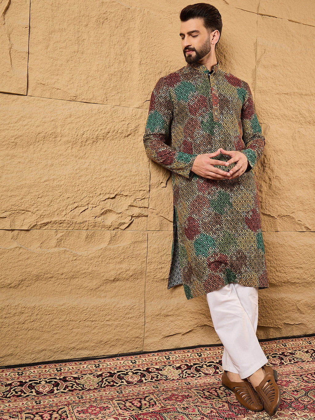 Men Black Viscose Rayon Geometric Embroidered Straight Kurta-MKU1180