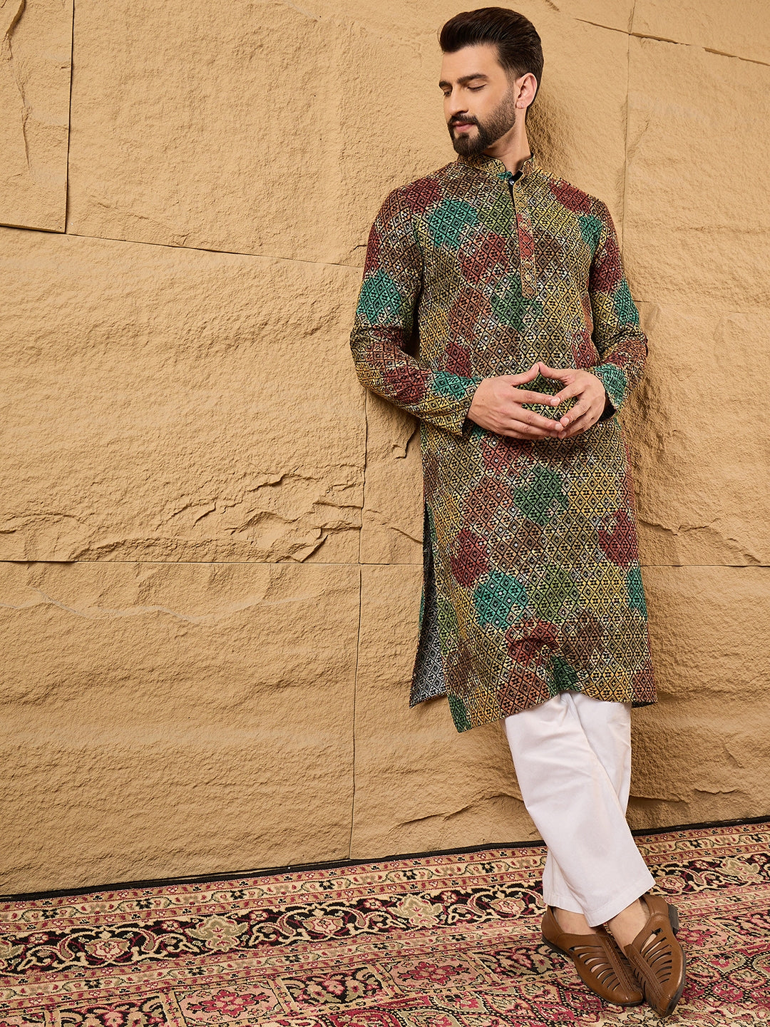 Men Black Viscose Rayon Geometric Embroidered Straight Kurta-MKU1180
