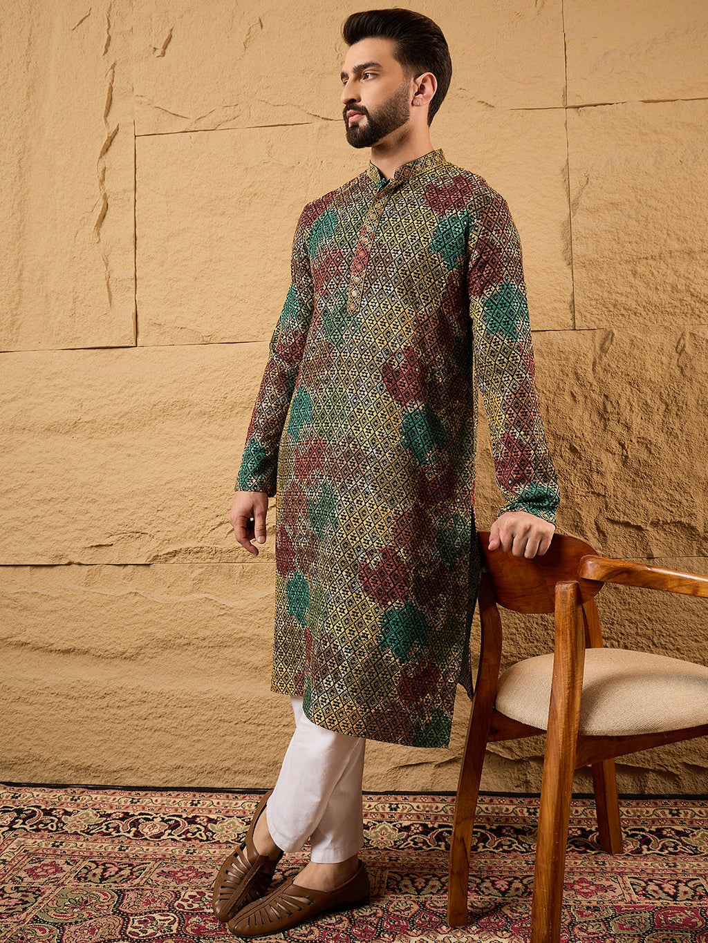 Men Black Viscose Rayon Geometric Embroidered Straight Kurta-MKU1180
