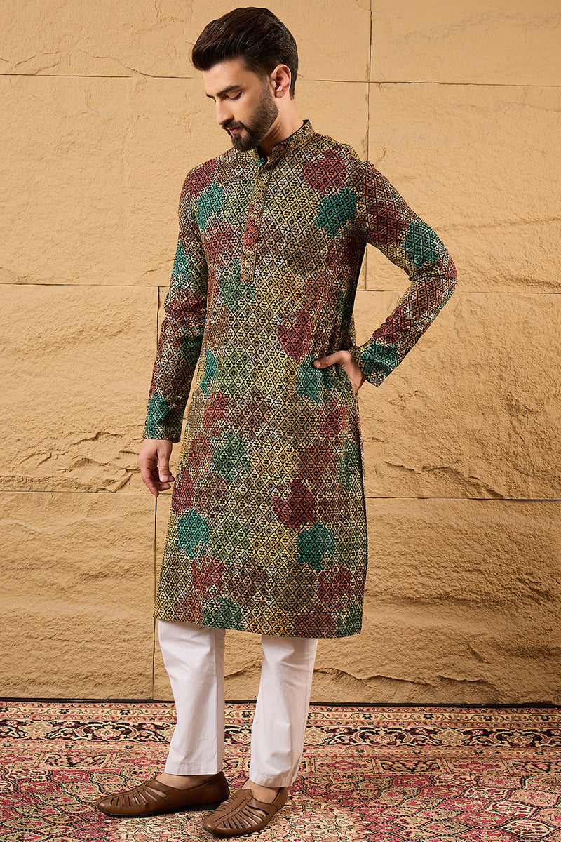 Multi Viscose Rayon Geometric Embroidered Chikankari Straight Kurta HOPMKU1180
