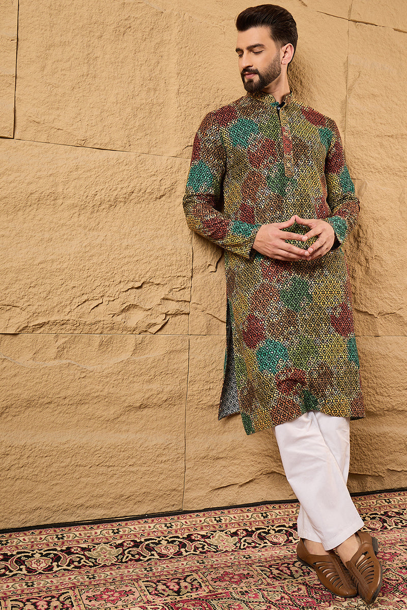 Multi Viscose Rayon Geometric Embroidered Chikankari Straight Kurta HOPMKU1180