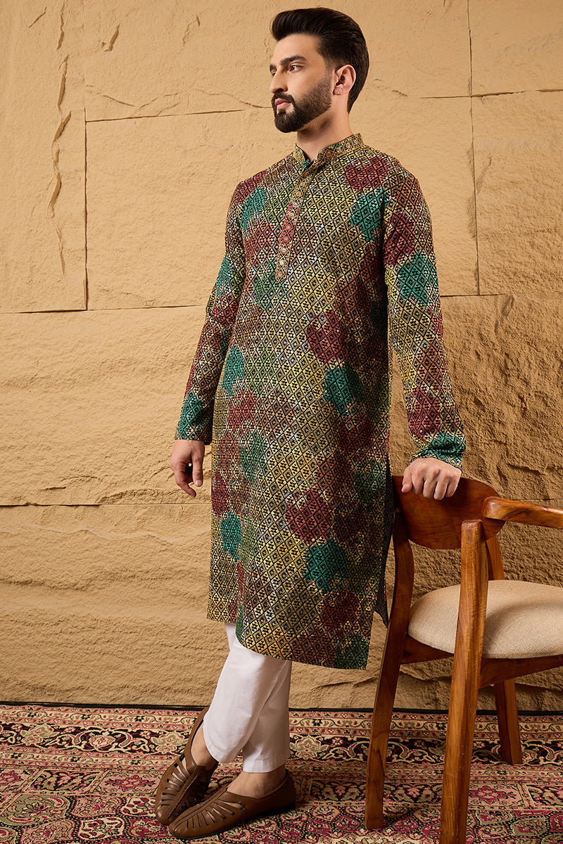 Multi Viscose Rayon Geometric Embroidered Chikankari Straight Kurta HOPMKU1180