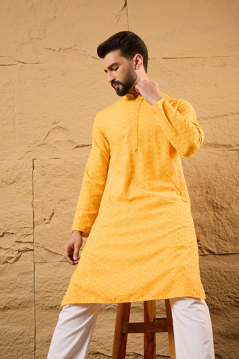 Yellow Viscose Rayon Solid Embroidered Straight Kurta HOPMKU1186